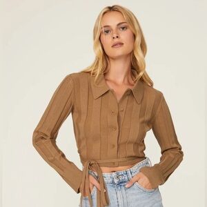 Something Navy NWT XL Camel Brown Ribbed Cropped‎ Tie Waist Sweater